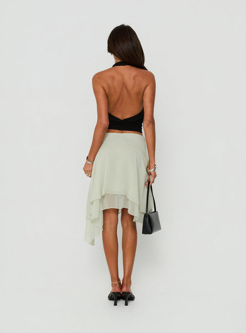 View of the Ophella Tie Waist Chiffon Midi Skirt Sage womens-skirts back view of model wearing Princess Polly