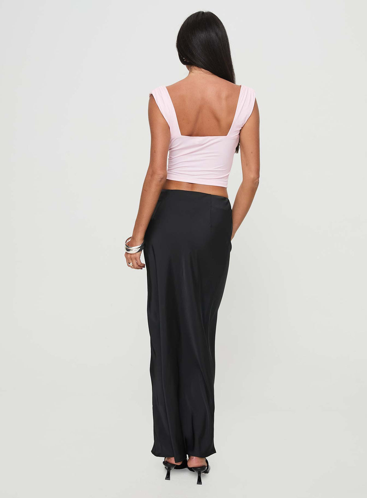 back view of model wearing Princess Polly Joder Maxi Skirt Black Maxi 