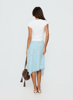 back view of model wearing Princess Polly Daphene Asymmetrical Midi Skirt Blue Floral Midi Skirts 