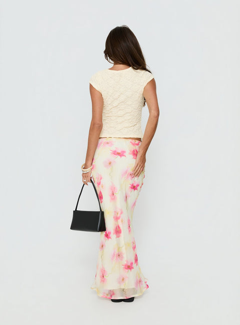 back view of model wearing Princess Polly Mercer Maxi Skirt Yellow Floral Maxi Skirts Skirts 
