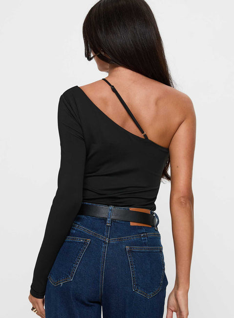 back view of model wearing Princess Polly Play Pretend One Sleeve Bodysuit Black Long Sleeve Tops 
