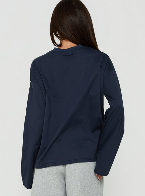 Settle Down Long Sleeve V Neck Top Navy