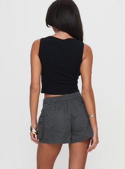 back view of model wearing Princess Polly Colonel Cargo Mini Short Slate Petite 