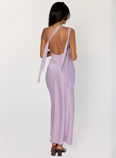 back view of model wearing Princess Polly Someone Like You Tie Back Maxi Dress Purple Asymmetric Neckline 