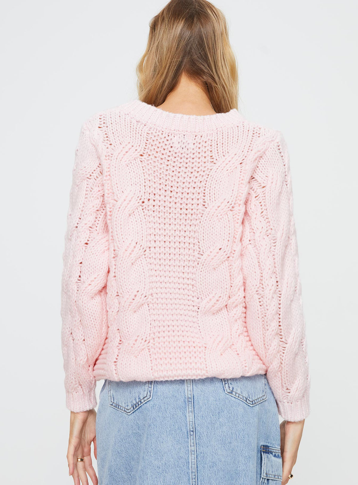 back view of model wearing Princess Polly Ellison Cable Knit Sweater Blush Pink Longline Jumpers 