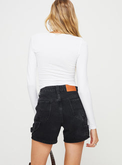 back view of model wearing Princess Polly Lou Carpenter Denim Shorts Washed Black Lower Impact High Waisted Shorts 