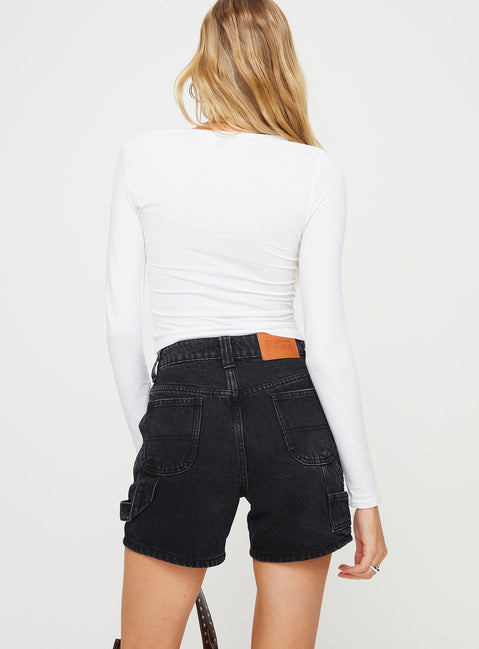 back view of model wearing Princess Polly Lou Carpenter Denim Shorts Washed Black Lower Impact High Waisted Shorts 