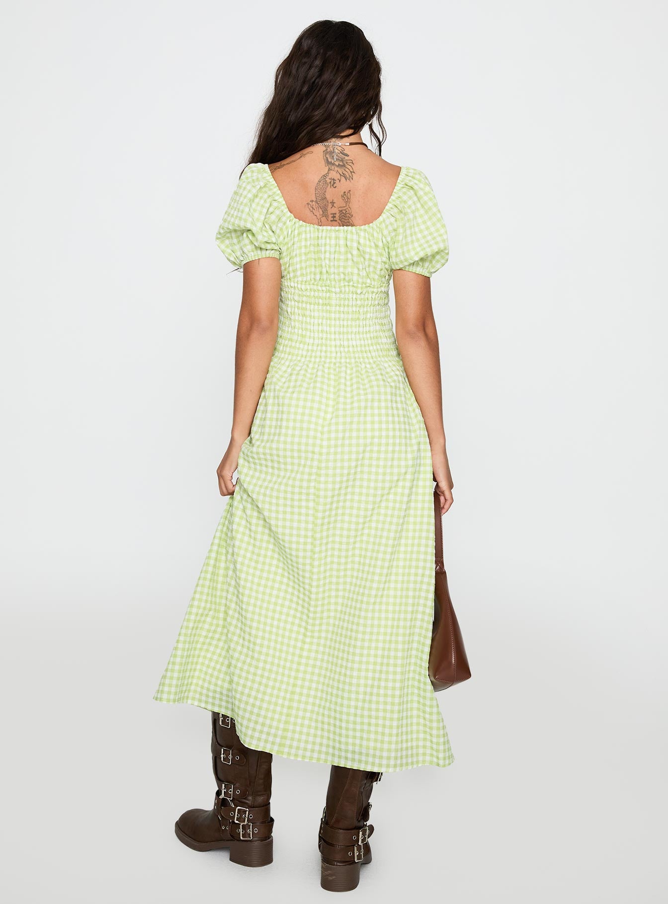 back view of model wearing Princess Polly More Than Butterflies Maxi Dress Green Check Square Neck 