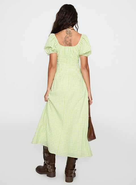 back view of model wearing Princess Polly More Than Butterflies Maxi Dress Green Check Square Neck 