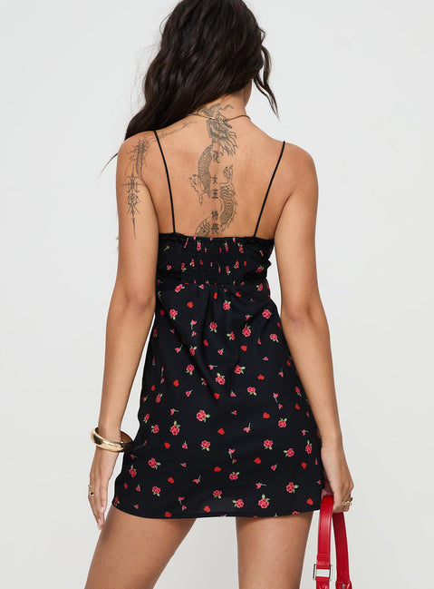 back view of model wearing Princess Polly Emilee Mini Dress Black / Floral Plunger 