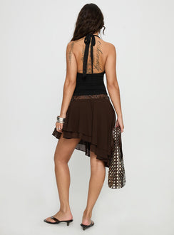 back view of model wearing Princess Polly Benjy Chiffon Waterfall Midi Skirt Brown 