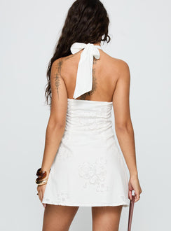 back view of model wearing Princess Polly Since Way Back Halter Mini Dress White Straight Neck 