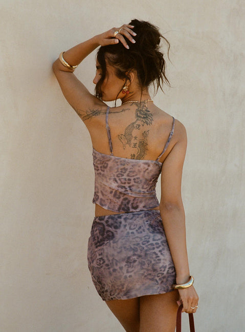 back view of model wearing Princess Polly Eustacia Mini Skirt Leopard Mini Skirts 