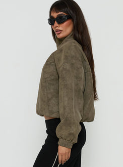 Ellissa Faux Suede Bomber Jacket Khaki