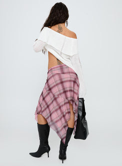 back view of model wearing Princess Polly Anali Asymmetrical Midi Skirt Pink / Multi Check Midi Skirts Skirts 