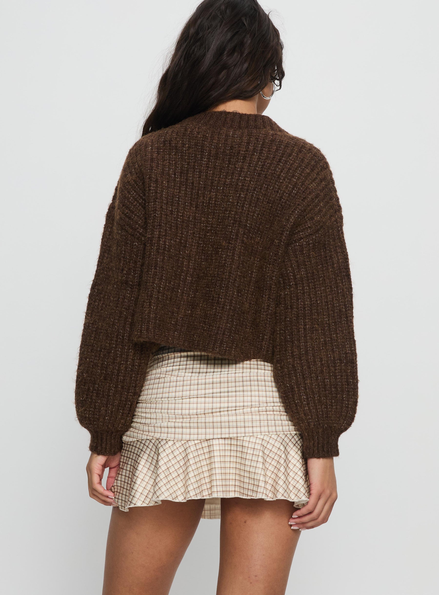 back view of model wearing Princess Polly Celebrations Mini Skirt Beige Check Mini Skirts 