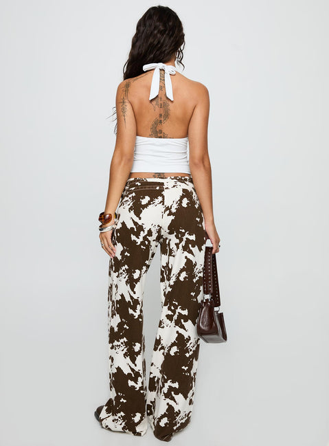 back view of model wearing Princess Polly Baccarat Belted Pant Cow Print Low Rise Jeans 