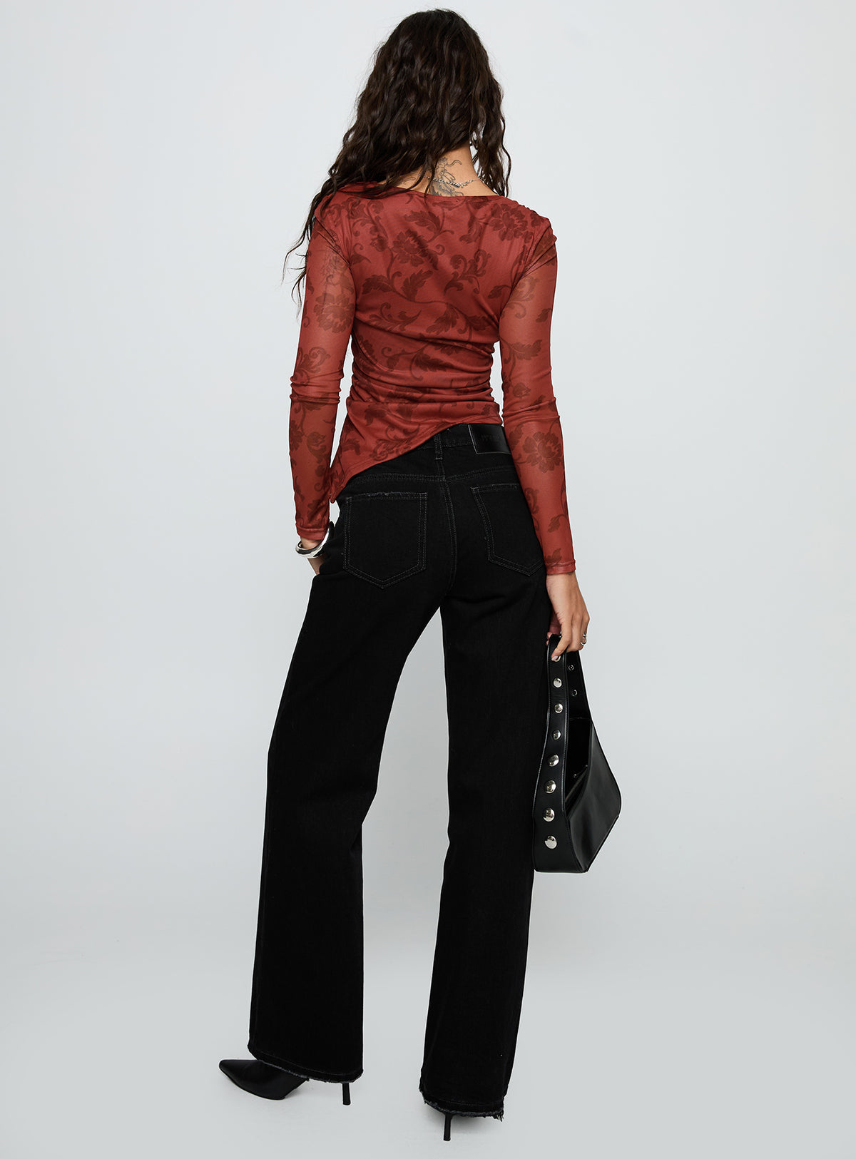 back view of model wearing Princess Polly West End Girl Mid Rise Straight Leg Jeans Washed Black Mid Rise Jeans 