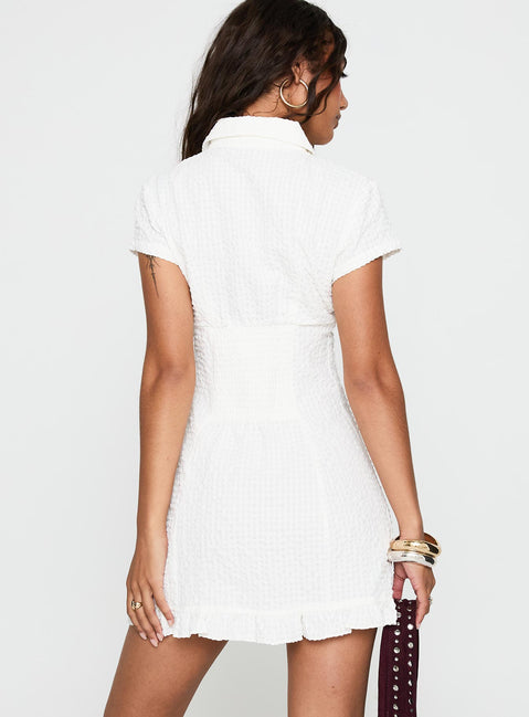 back view of model wearing Princess Polly Covey Mini Dress White V-Neck 