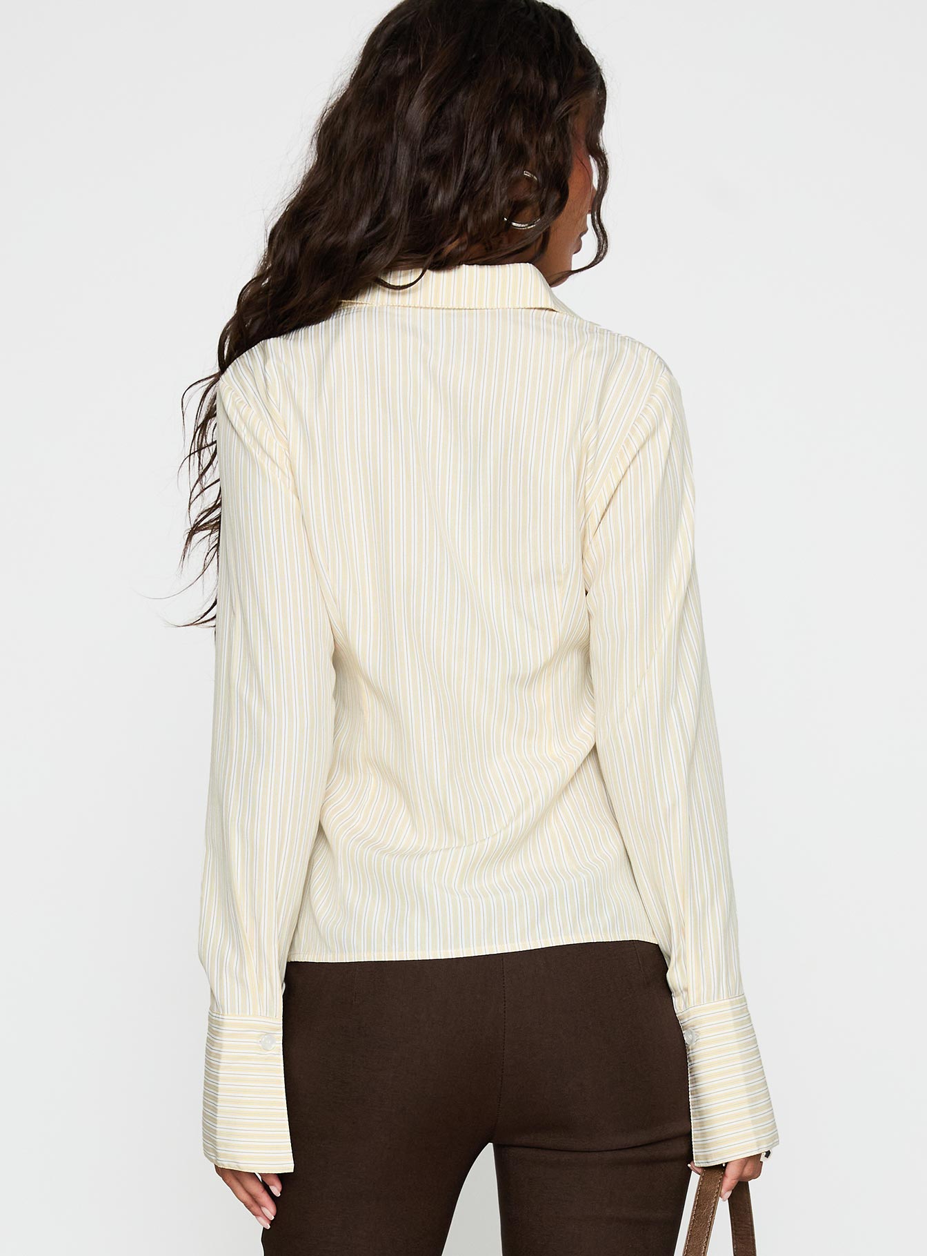 back view of model wearing Princess Polly Rush Hour Long Sleeve Top Yellow Stripe Full Sleeves V-Neck 