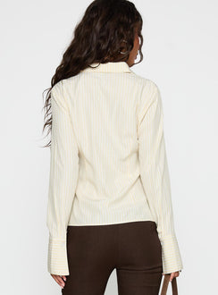 back view of model wearing Princess Polly Rush Hour Long Sleeve Top Yellow Stripe Full Sleeves V-Neck 