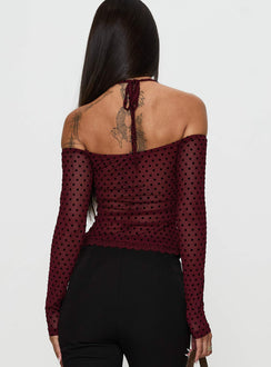 back view of model wearing Princess Polly On My Side Off Shoulder Tie Neck Top Burgundy Full Sleeves straight 