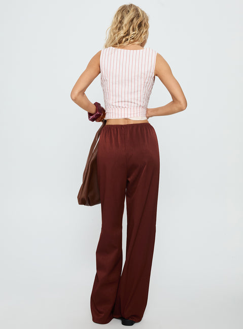 back view of model wearing Princess Polly Dorie Straight Leg Pants Chocolate High Waisted Pants 