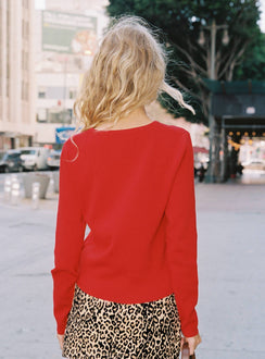 Designed with the Old Burlington Knit Cardigan Red womens-jumpers featuring short length back view of model wearing Princess Polly