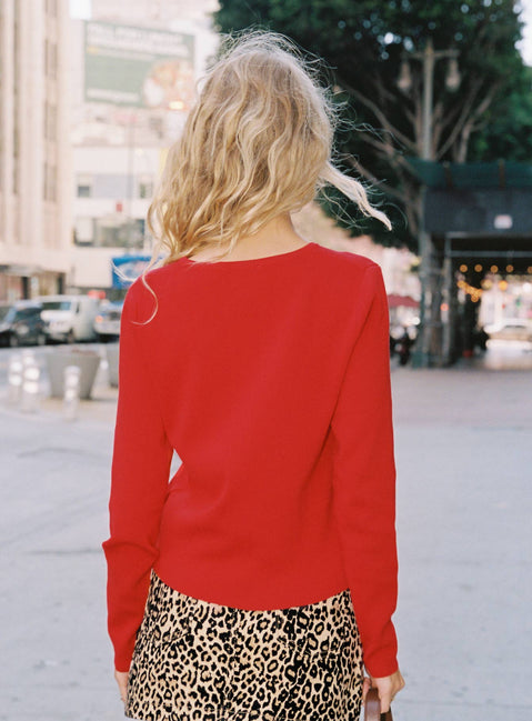 Designed with the Old Burlington Knit Cardigan Red womens-jumpers featuring short length back view of model wearing Princess Polly