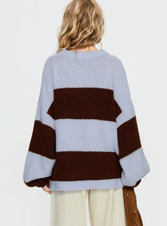 back view of model wearing Princess Polly Bastien Crew Neck Knit Sweater Blue / Chocolate Stripe Longline Jumpers 