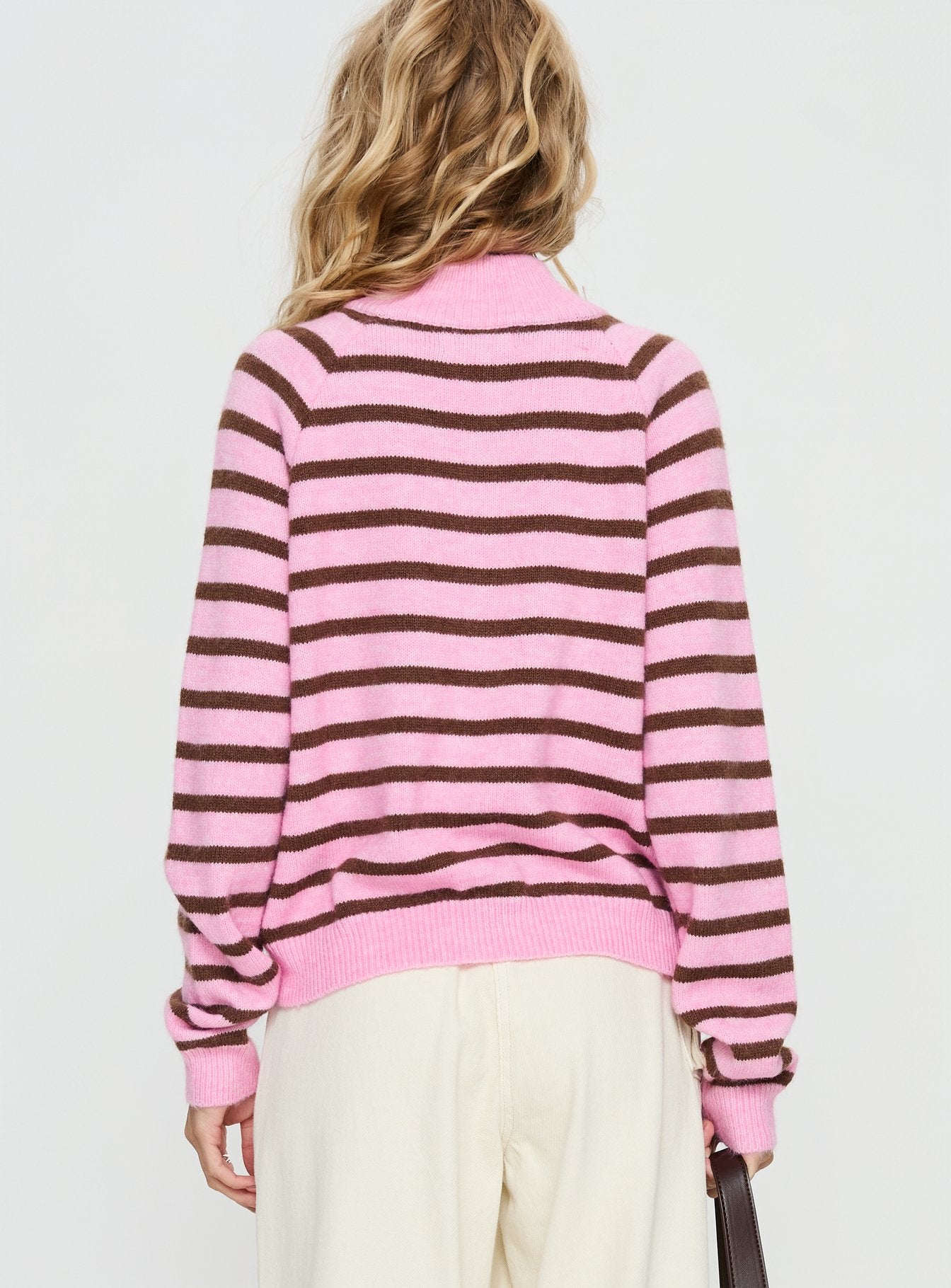 back view of model wearing Princess Polly Kaylei Zip Through Cardigan Pink Stripe regular 