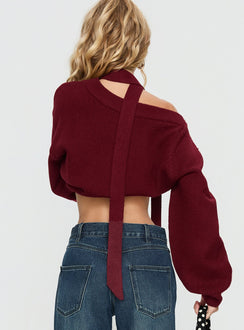 back view of model wearing Princess Polly Ruthi Scarf Off Shoulder Knit Sweater Burgundy Cropped Jumpers 