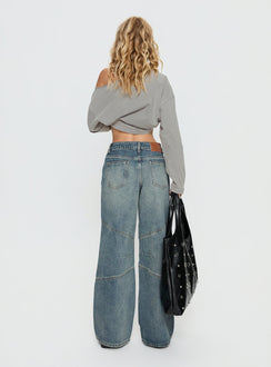 back view of model wearing Princess Polly Atmosphere Mid Rise Straight Leg Jeans Antique Wash Low Rise Jeans 