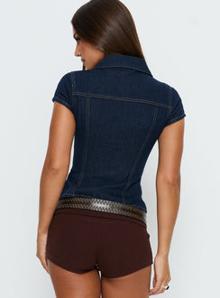 Liyana Denim Zip Up Short Sleeve Shirt Mid Blue