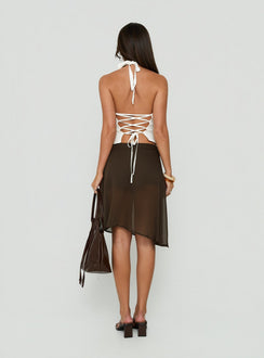 Explore the Eliodora Layered Sheer Midi Skirt Brown in womens-skirts with midi length back view of model wearing