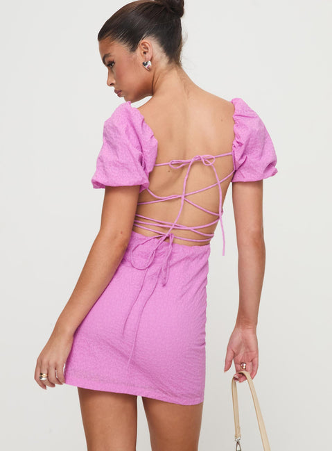 back view of model wearing Princess Polly Tanami Mini Dress Pink Square Neck 