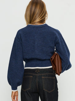 back view of model wearing Princess Polly Amandi Zip Through Knit Jumper Navy / Cream Cropped Jumpers 