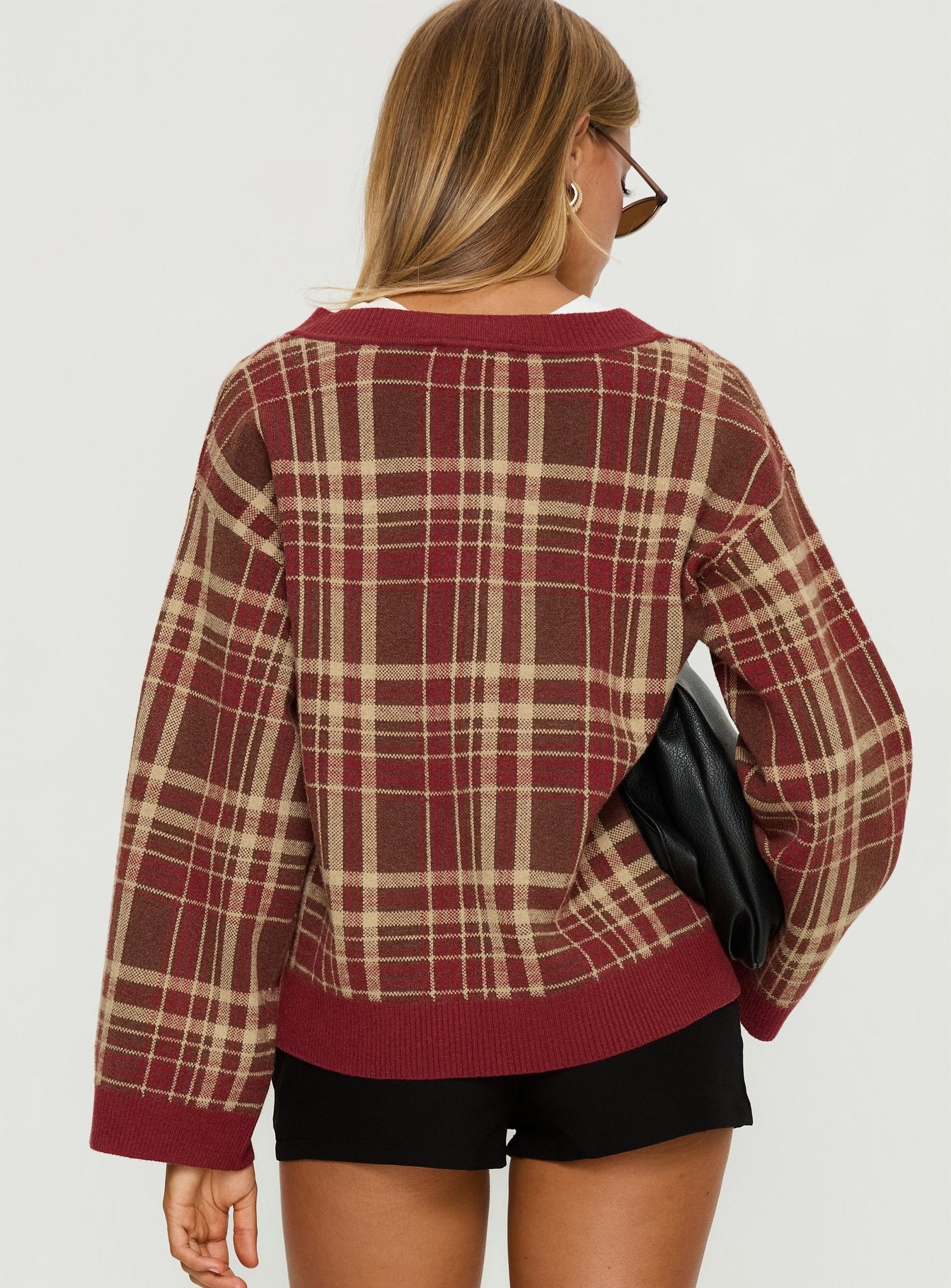 back view of model wearing Princess Polly Sydda V Neck Knit Sweater Red Plaid Cropped Jumpers 
