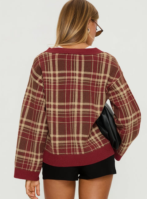 back view of model wearing Princess Polly Sydda V Neck Knit Sweater Red Plaid Cropped Jumpers 