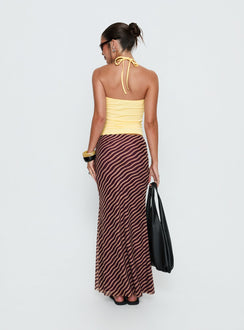 back view of model wearing Princess Polly Caviar Tie Maxi Skirt Brown Stripe Maxi Skirts 