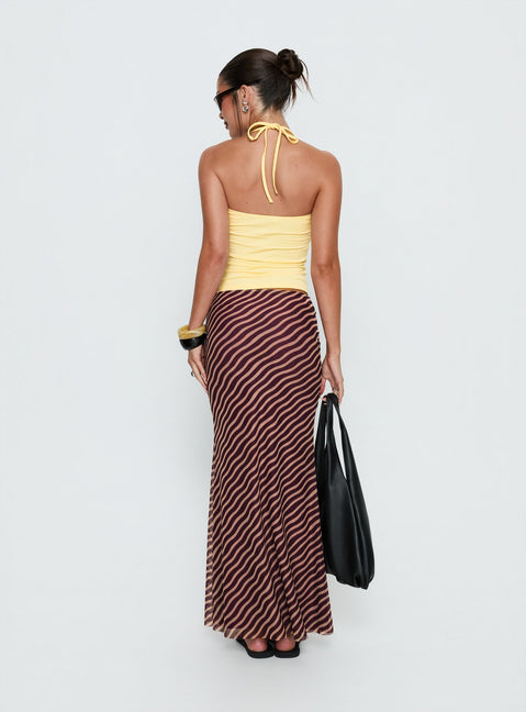 back view of model wearing Princess Polly Caviar Tie Maxi Skirt Brown Stripe Maxi Skirts 