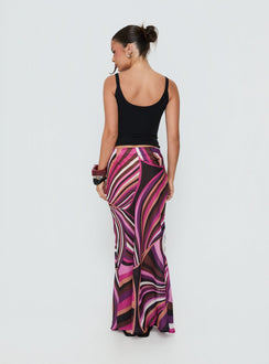 Designed with the Lucidia Maxi Skirt Pink Retro in womens-skirts featuring maxi length back view of model wearing Princess Polly