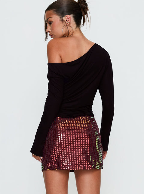 back view of model wearing Princess Polly Zelaia Shimmer Mini Skirt Wine Mini Skirts Skirts 
