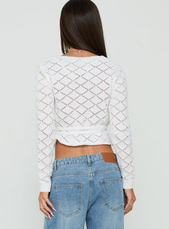 Styled in the Lesla Crochet Wrap Cardigan White womens-jumpers with v-neck short length back view of model wearing Princess Polly