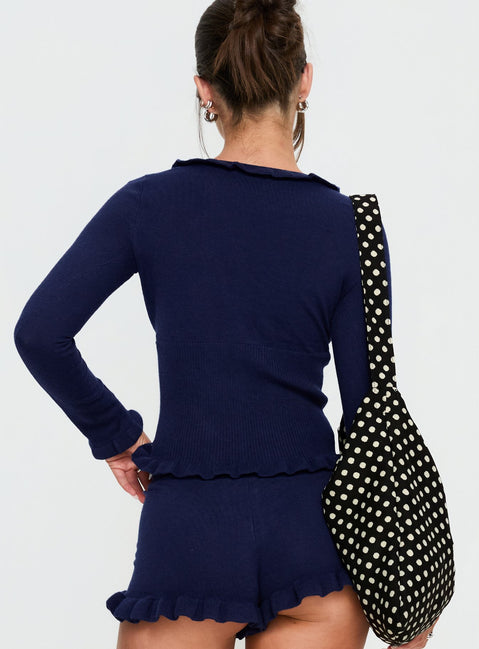 Ceria Frill Knit Long Sleeve Top Navy