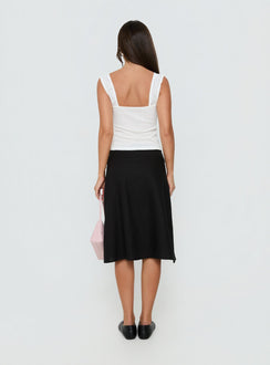 Displaying the Such Delight Linen Midi Skirt Black womens-skirts in relaxed aline fit back view of model wearing