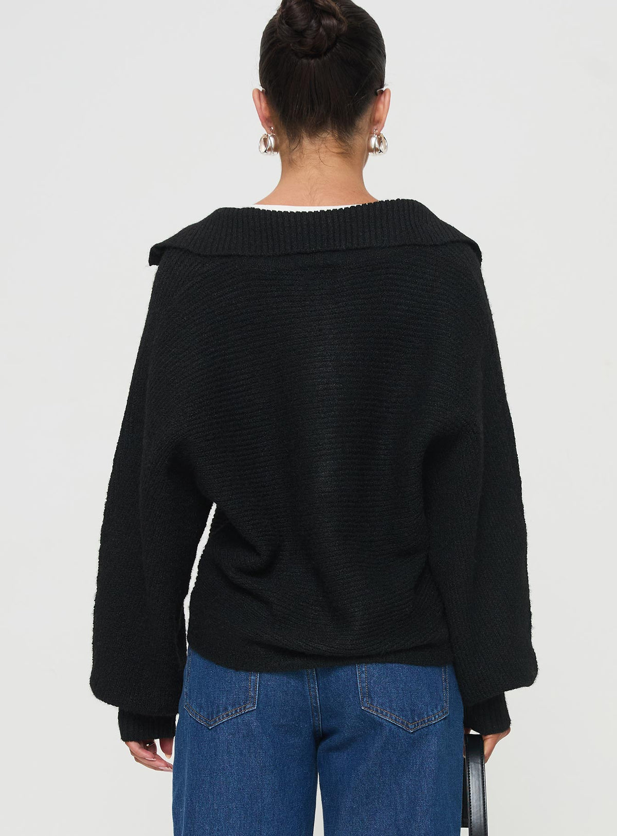 back view of model wearing Princess Polly Bella Notched Neck Sweater Black Cropped Jumpers Jumpers 