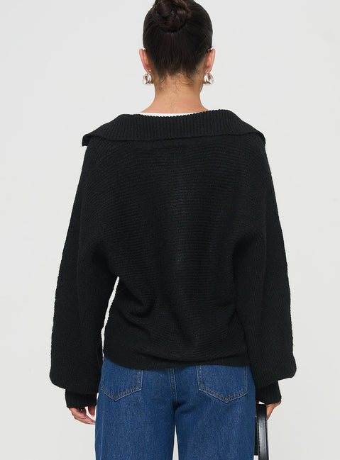 back view of model wearing Princess Polly Bella Notched Neck Sweater Black Cropped Jumpers Jumpers 
