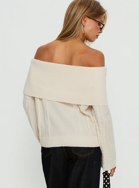 Explore the Margarete Off Shoulder Knit Sweater Cream womens jumper with short length and off shoulder style back view of model wearing Princess Polly