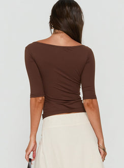 Daily Define Off Shoulder V Neck Top Brown
